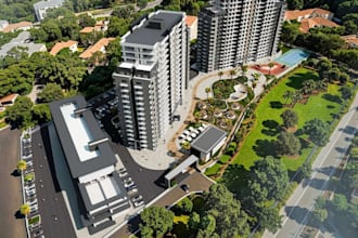 revitalizing 3d urban residential complex, amenities,gym,pool,aerial view render