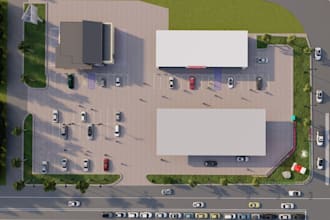 modern exterior fuel station,landscape design,ev hub,rest area,commercial space