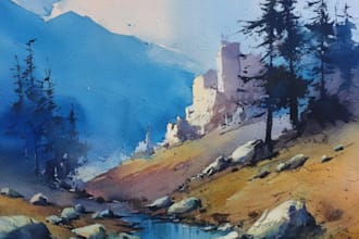 do handrawn watercolor landscape on paper