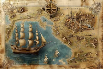 draw fantasy map or ship illustration with cool details