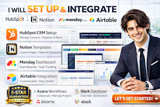 hubspot crm, notion template, monday dashboard airtable, asana, slack database