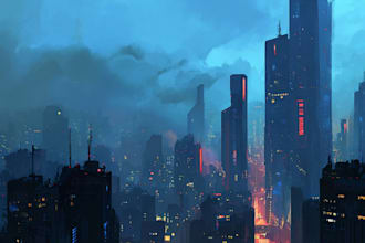 illustrate an atmospheric cyberpunk city scene