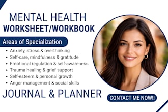 design mental health worksheet, planner, workbook, therapy journal design