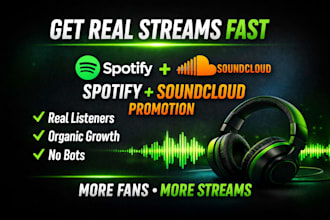 spotify music and soundcloud promotion for real streams, followers and audience
