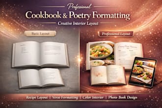 design professional cookbook formatting or poetry book interior layout