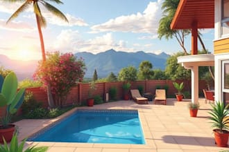 design landscape, terrace, backyard, pool, and patio