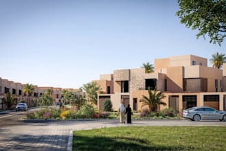 model row house development, real estate property, townhouse exterior rendering