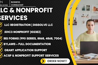 do llc registration, 501c3, grant application, 1023ez, bylaws, irs filing, acsp