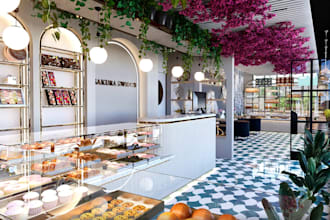 design floor to celling ,3d store interior using rustic wood, retail logo render