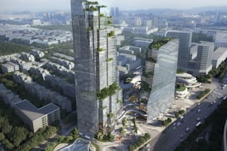 3d mixed use landmark, commercial complex, office tower mockup,skyscraper render