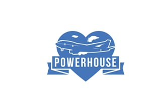 make powerhouse punchy logo for travel area with plane heart