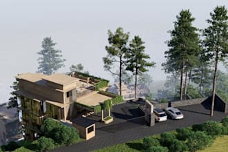 construct wooden house structure,resort house design, community terrain3d render