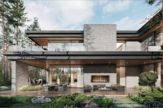 reconstruct 3d luxury villa, modern facade render, forest house design, 3d patio