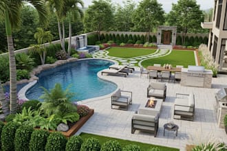 design backyard frontyard landscape patio garden pool and 3d rendering