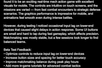 test your game and provide a detailed feedback report