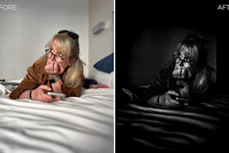 retouch your portrait with a dark cinematic black and white style