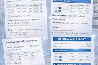 convert handwritten optical prescriptions into clean professional reports