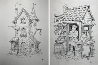 detailed fantasy architecture ink illustration
