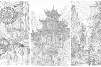 draw a detailed fantasy architecture ink illustration