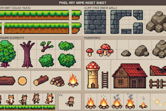 create pixel art game assets, tilesets, props and environment sprites