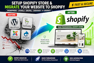 setup shopify store, migrate wordpress joomla drupal, godaddy website to shopify