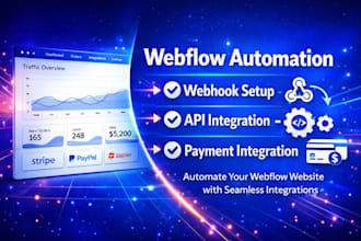 do webflow automation webhook setup api integration, and payment integration