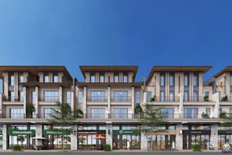 render 3d commercial urban area, terrace building, real estate housing, balcony