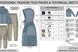 create factory ready clothing tech pack, fashion apparel and technical drawing