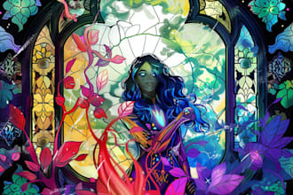 create a vibrant vitral style fantasy illustration