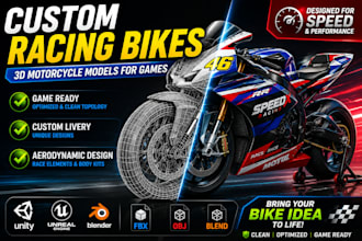 create a 3d motorcycle model for racing games and custom bike designs