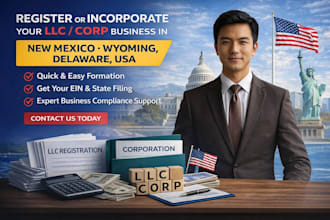 register, incorporate your llc corp business in new mexico wyoming delaware USA