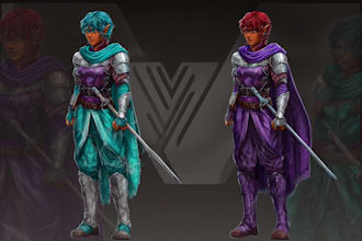 design single dnd character concept art with outfit and gear details