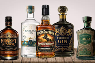 do label and logo for gin, wine, whiskey, beer, and tequila
