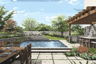 do landscape design with front yard, backyard design, pool, deck, garden design