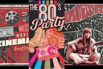 design event poster, 80s 90s vintage concert poster music flyer or travel poster