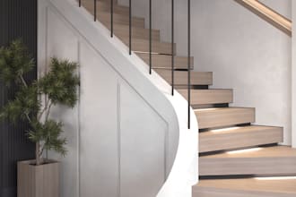 create staircase design, open plan living, marble thread, ensuite bedroom render