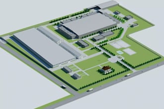 do site masterplan for industrial space, manufacturing plant, 3d factory layout