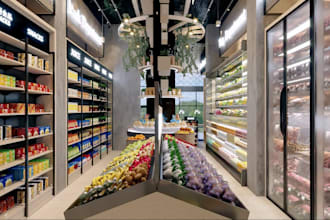 render commercial 3d grocery store, interior layout, shopping mall interiors