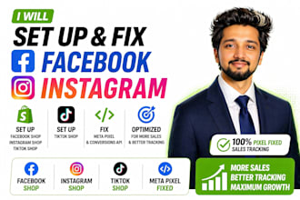 set up facebook, instagram, tiktok shop and fix meta pixel