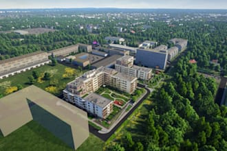 create photorealistic city plan render,aerial view with realistic environment