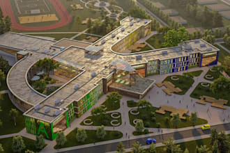 revamp modern school masterplan, educational facility, recreational space render