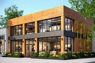 improve modern 3d wood facade, storefront design, photorealistic rendering, cgi