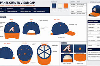 create custom cap tech pack, bucket hat with headwear mockups for manufecturing