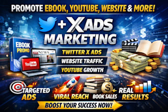 promote ebook, newspaper website, cutscene, youtube via twitter x ads marketing