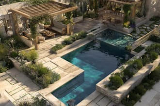 design landscape, terrace, backyard, pool, and patio