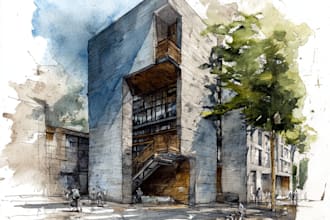 sketch architecture building with watercolor rendering