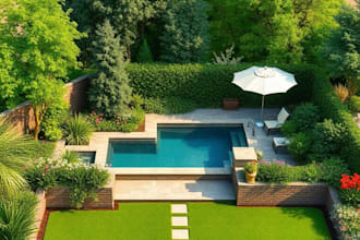 design layout 2d, landscape garden, backyard, pool