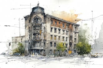 sketch architecture building with watercolor rendering