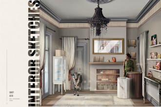 draw interior sketch, architectural illustration and exterior sketch