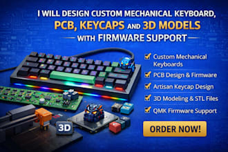 custom mechanical keyboard, pcb, keycaps and 3d models with firmware support